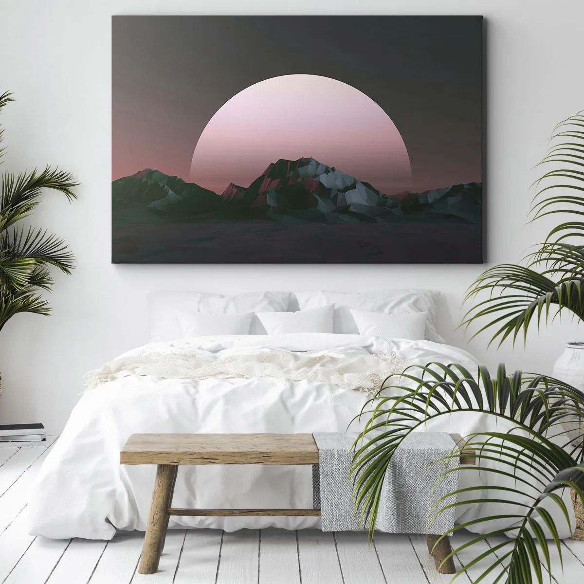 Lærredstryk - Billede på lærred - Geometriske bjerge med den nedgående sol i baggrunden - 70x50cm - I en nabogalakse - Moderne vægdekoration til stue og soveværelse ARTTOR