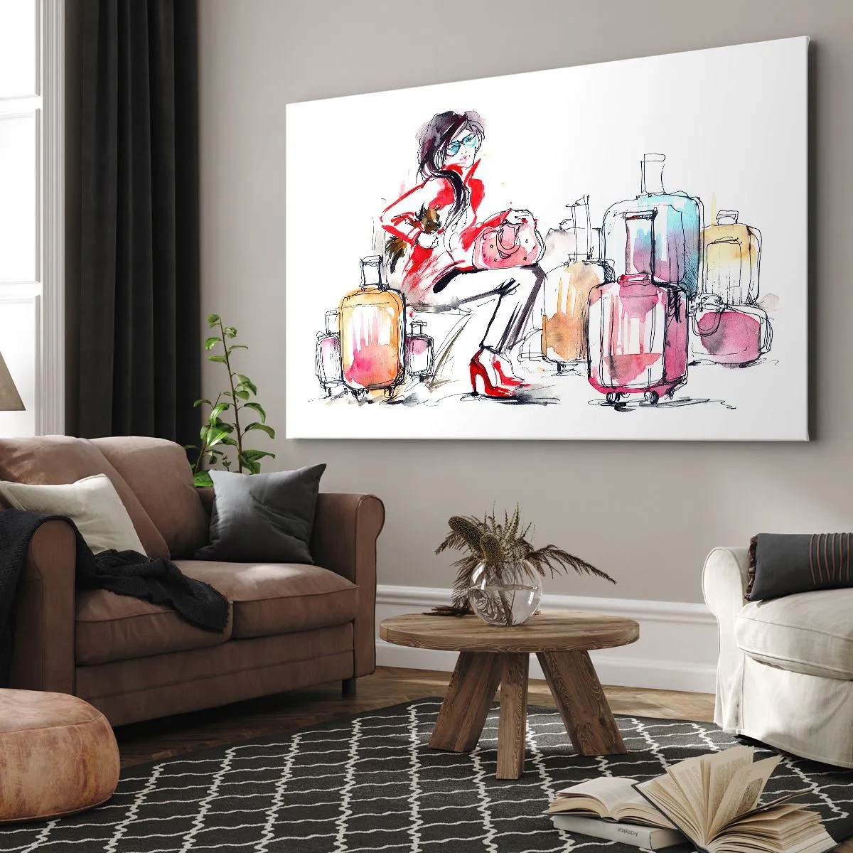 Lærredstryk - Billede på lærred - En kvinde med kufferter i en dynamisk akvarelillustration - 70x50cm - Lad os sætte os ned, inden vi rejser - Moderne vægdekoration til stue og soveværelse ARTTOR