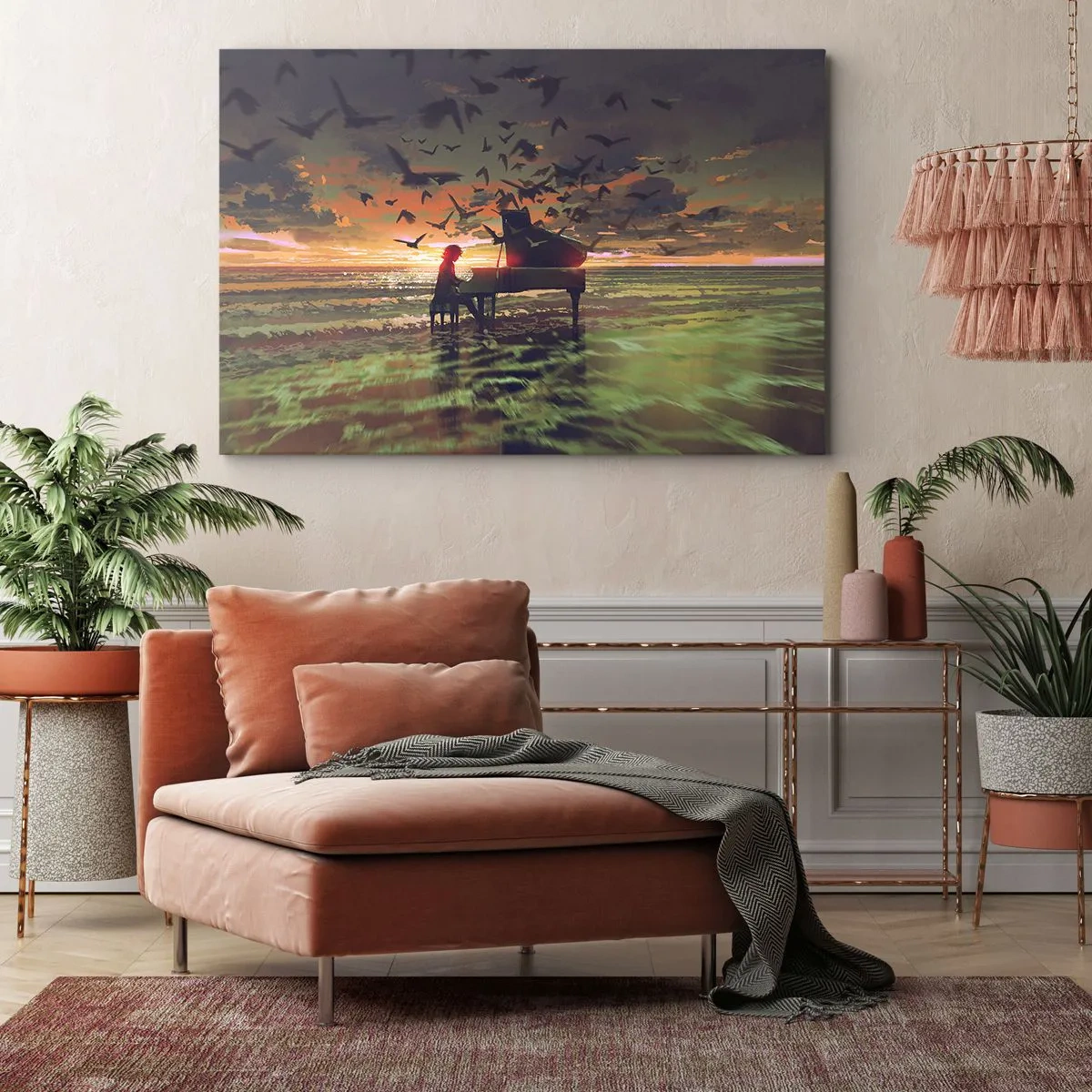 Lærredstryk - Billede på lærred - Et klaver på kysten ved solnedgang med fugle - 70x50cm - Koncert for klaver og bølger - Moderne vægdekoration til stue og soveværelse ARTTOR