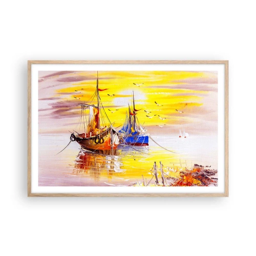 Plakat i ramme af lyst egetræ - Et velfortjent hvil i havnen - 91x61 cm