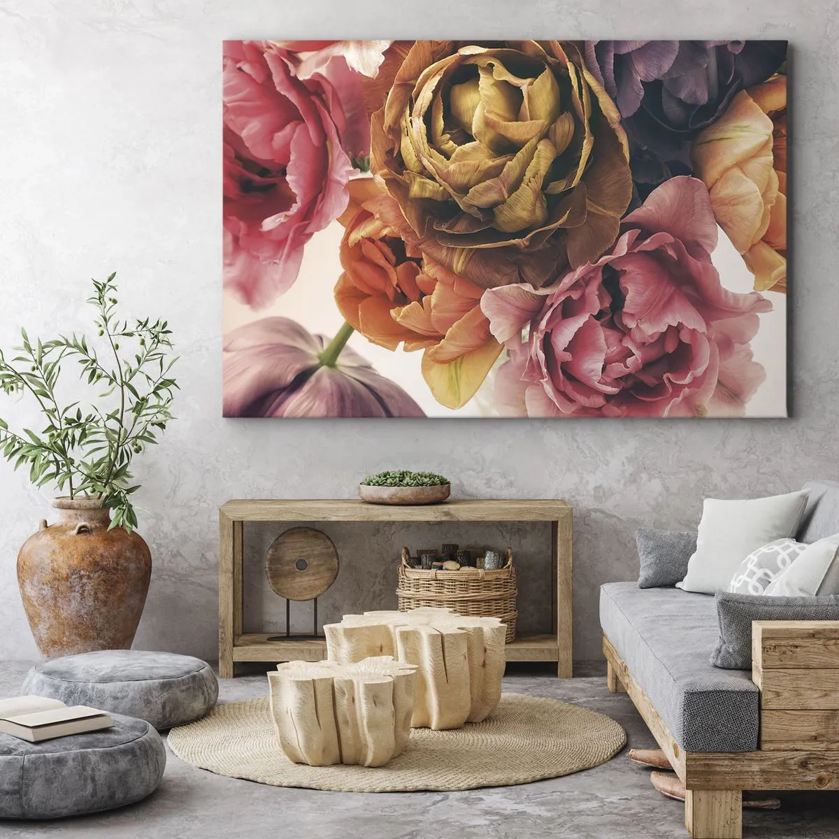 Lærredstryk - Billede på lærred - En buket af forskellige blomster i intense farver - 70x50cm - Fejring af livet - Moderne vægdekoration til stue og soveværelse ARTTOR