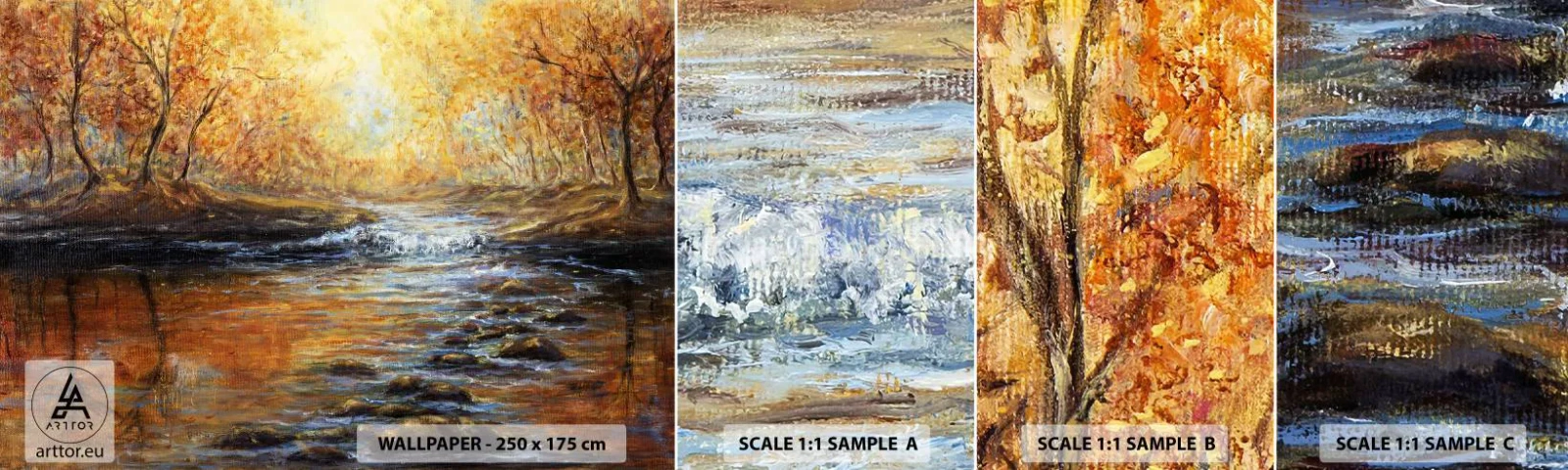 Fototapet Prøve Standard Eco - Gylden strøm - Landskab, Bjergstrøm, Skov - 100x30 cm