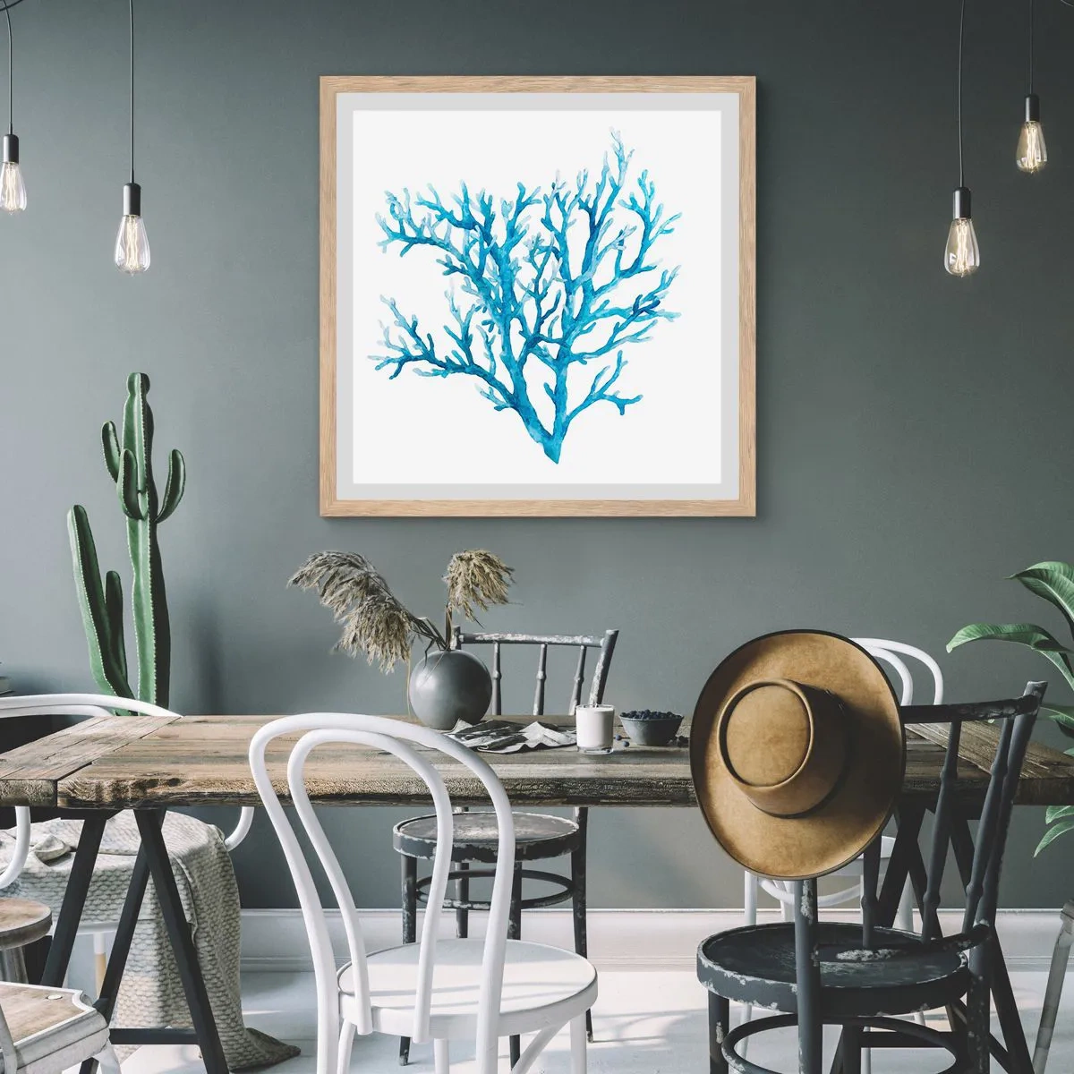 Plakat i ramme af lyst egetræ - Marint filigran - 50x50 cm