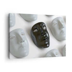 Lærredstryk - Billede på lærred - Sorte og hvide masker på en lys baggrund - 70x50cm - Hvordan skiller man sig ud? - Moderne vægdekoration til stue og soveværelse ARTTOR