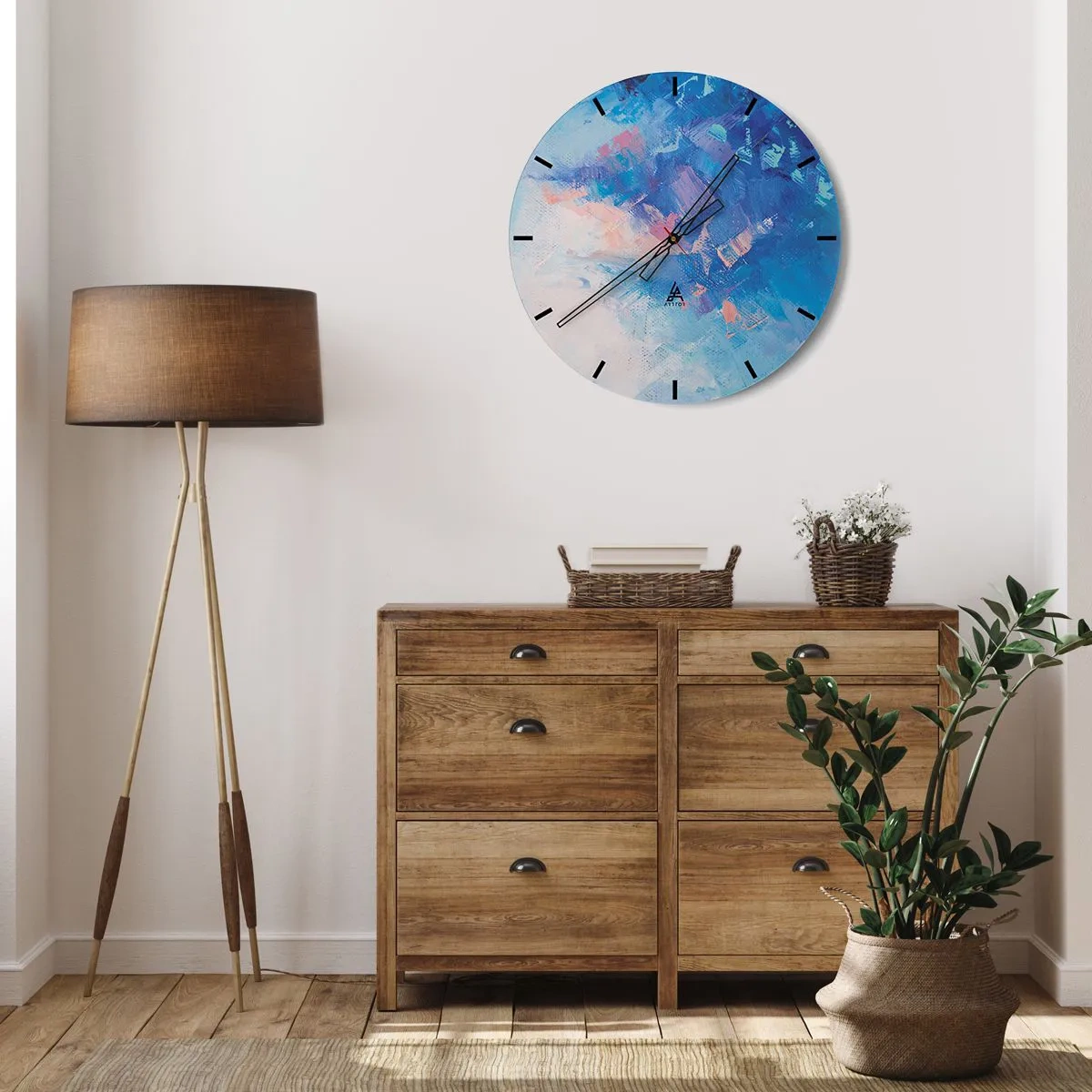 Vægur, Uret - Abstrakt komposition i nuancer af blå og lyserød - 30x30cm - Vinter abstraktion - Moderne vægdekoration til stue, køkken og soveværelse ARTTOR