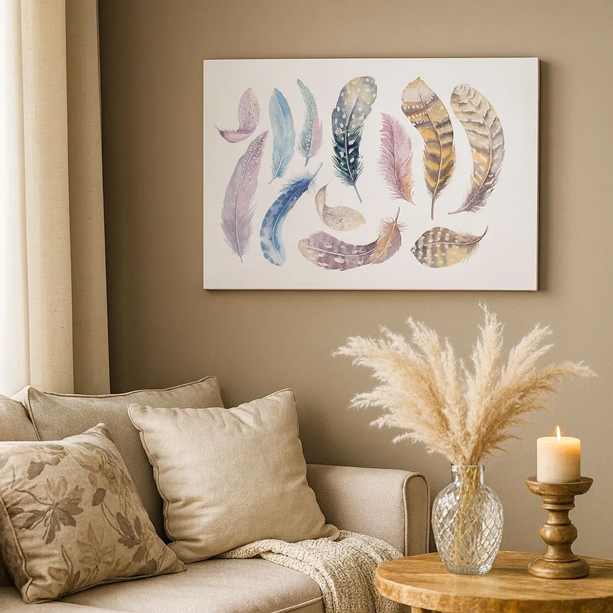 Lærredstryk - Billede på lærred - Farverige fjer i en delikat akvarelstil - 70x50cm - Letvægts, farverig og flerfarvet - Moderne vægdekoration til stue og soveværelse ARTTOR