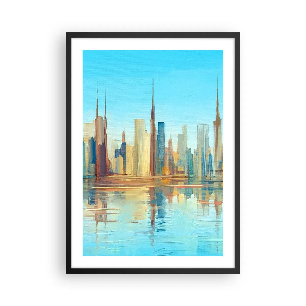 Plakat i sort ramme - Farverigt bypanorama med spejling i vandet - 50x70cm - Solrig metropol - Moderne vægdekoration til stue og soveværelse ARTTOR