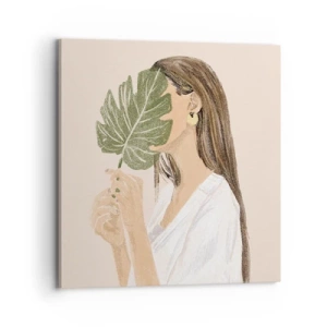 Lærredstryk - Billede på lærred - Mystisk portræt med en vifte - 70x70 cm