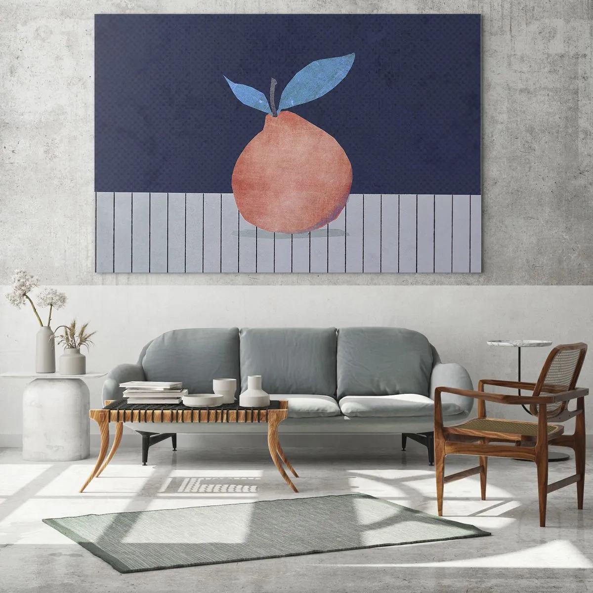 Billede på glas - En frugt med en abstrakt form mod en geometrisk komposition - 70x50cm - Konveksitet og plan - Moderne vægdekoration til stue og soveværelse ARTTOR