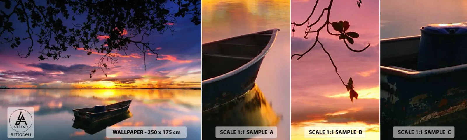 Prøve Fototapet Selvklæbende Deluxe Sticker - "Det ser ud til, at du hænger midt på himlen..." - Landskab, Solnedgang, Sø - 100x30 cm