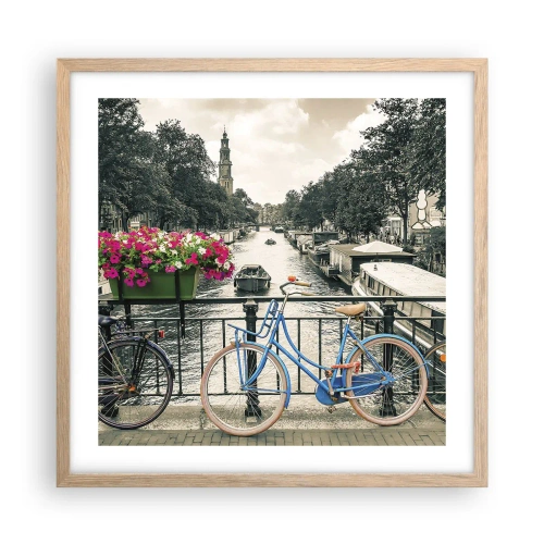 Plakat i ramme af lyst egetræ - Farverne i Amsterdams gader - 50x50 cm