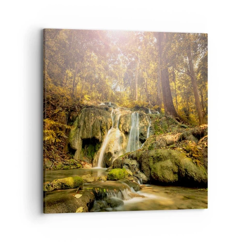 Lærredstryk - Billede på lærred - Skovkaskade i grønt - 70x70 cm