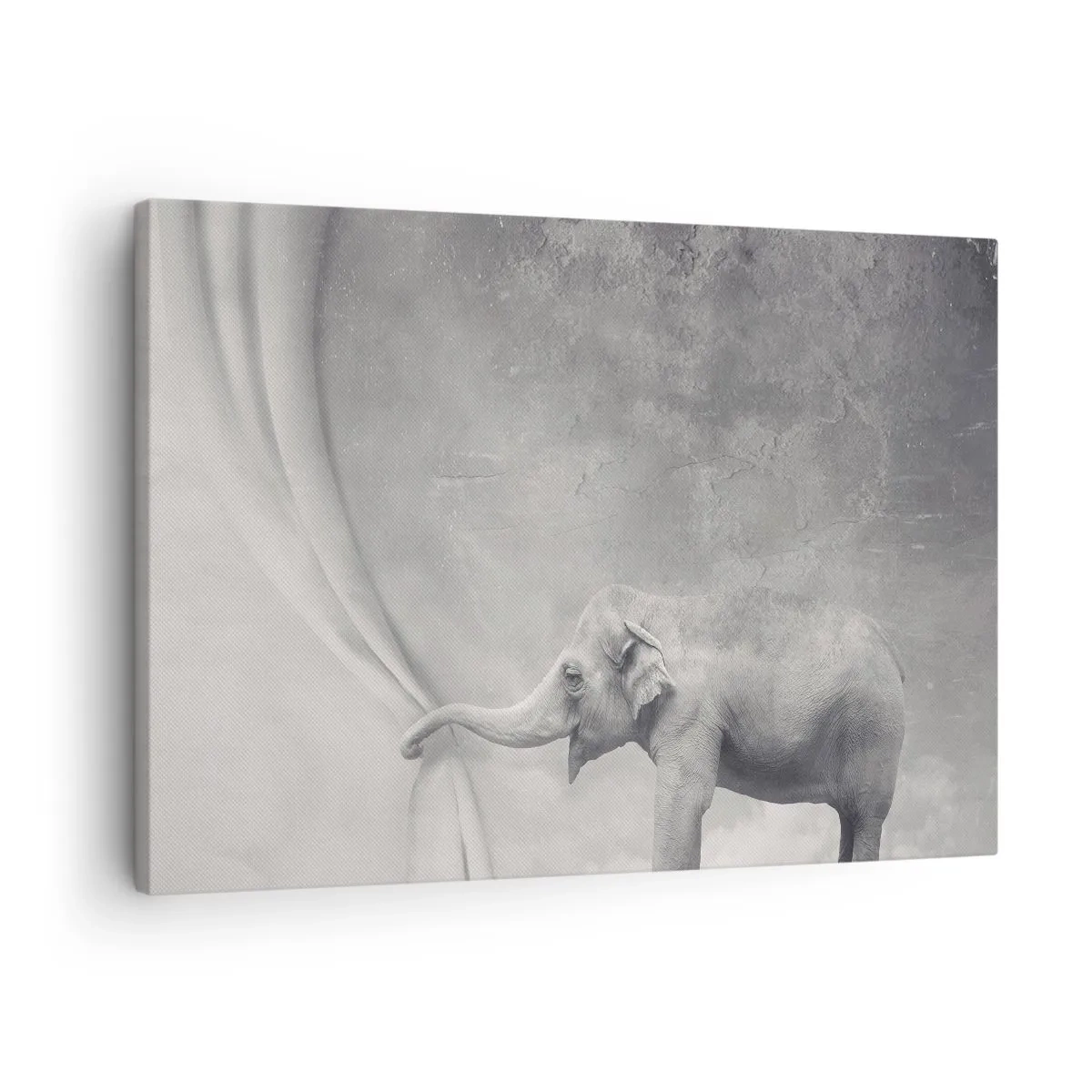 Lærredstryk - Billede på lærred - En elefant, der trækker gardinet fra i et surrealistisk sort-hvidt billede - 70x50cm - Afslør hemmeligheden - Moderne vægdekoration til stue og soveværelse ARTTOR