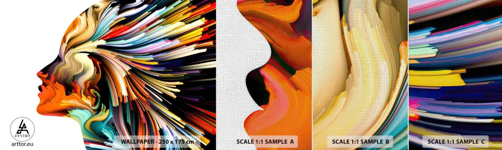 Prøve Fototapet Premium Canvas - En eksplosion af fantasi - Abstraktion, Kvinde, Grafik - 100x30 cm