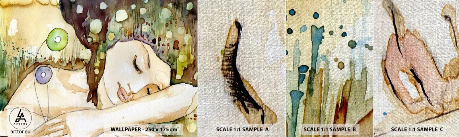 Prøve Fototapet Premium Canvas - Smaragd-violet drøm - Abstraktion, Kvinde, Illustration - 100x30 cm