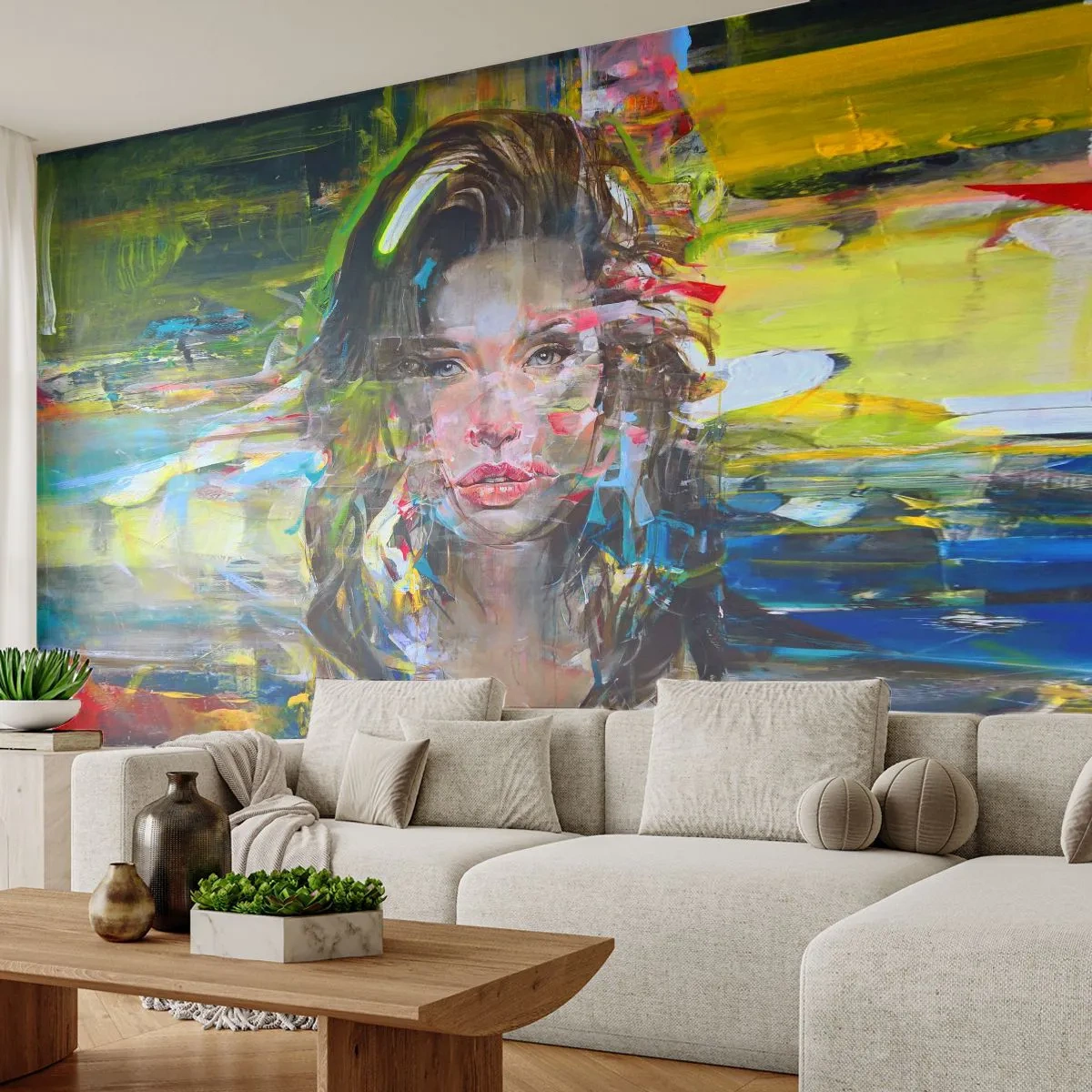 Fototapet Premium Canvas - Bag lufttæppet - Portræt af en kvinde, ansigt, Abstraktion - 250x175 cm