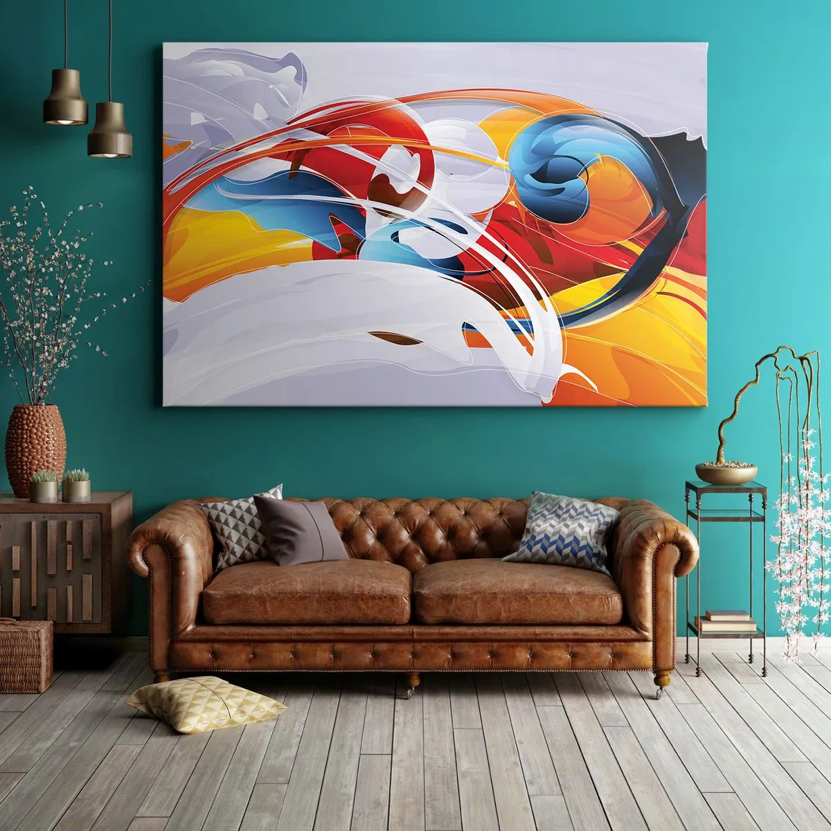 Lærredstryk - Billede på lærred - Farverig abstraktion med dynamiske linjer og levende farver - 70x50cm - Elementernes dans - Moderne vægdekoration til stue og soveværelse ARTTOR