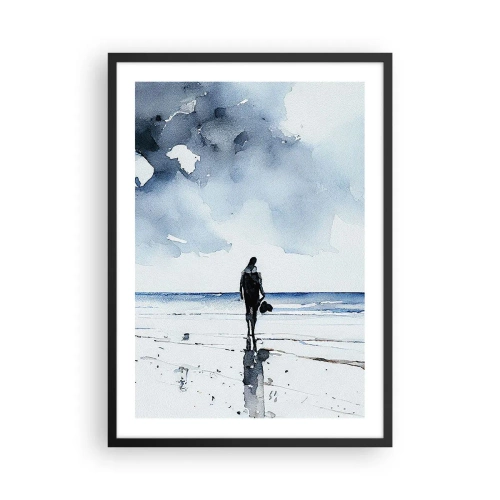 Plakat i sort ramme - Akvarellandskab med en figur på stranden - 50x70cm - Samtale med havet - Moderne vægdekoration til stue og soveværelse ARTTOR