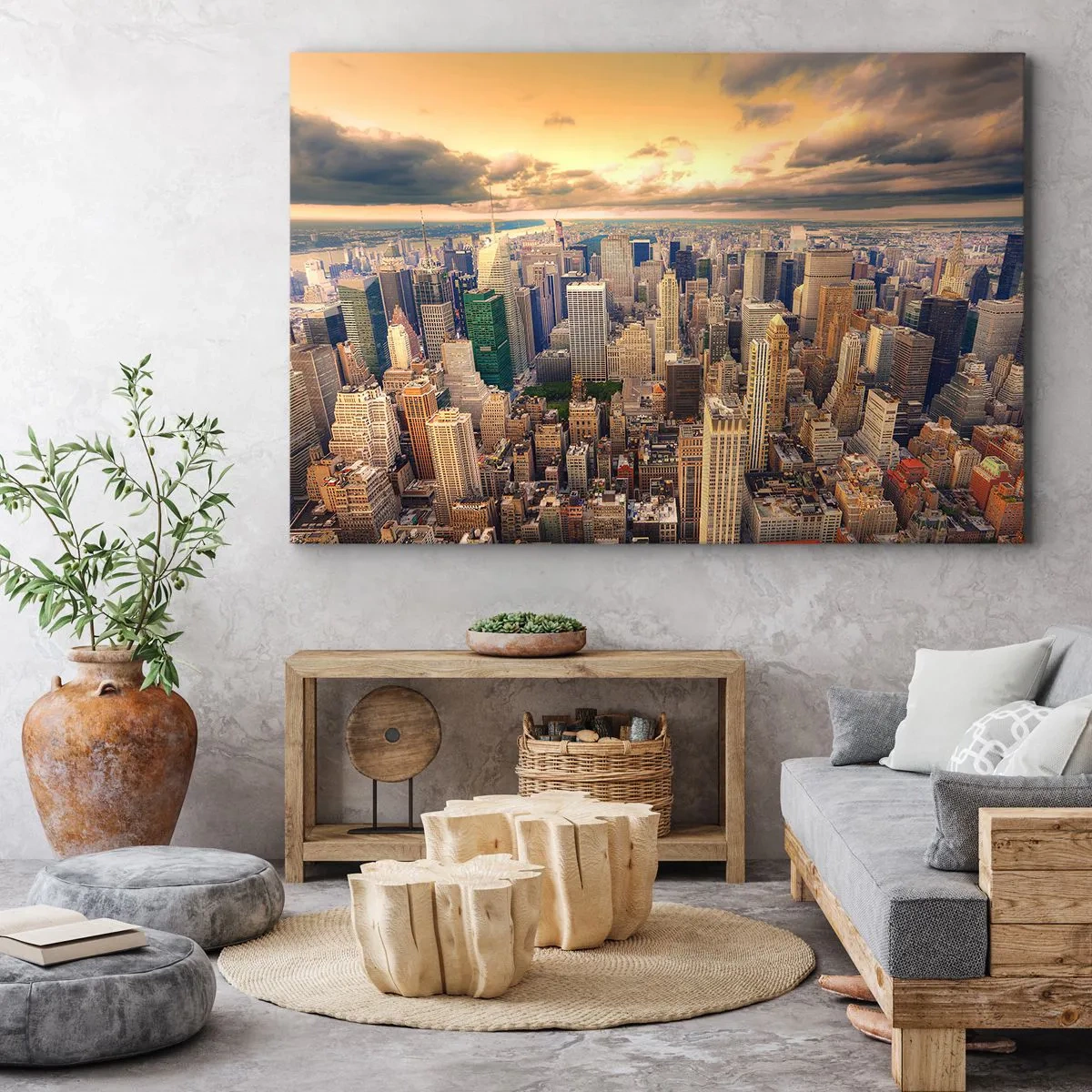 Lærredstryk - Billede på lærred - Bypanorama med udsigt over skyskrabere ved solnedgang - 70x50cm - En forgyldt metropol - Moderne vægdekoration til stue og soveværelse ARTTOR