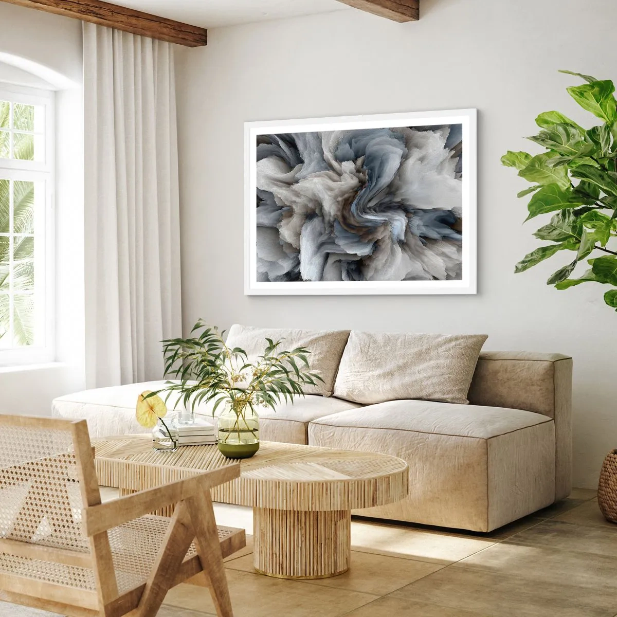 Plakat i hvid ramme - Sten og blomst - 100x70 cm