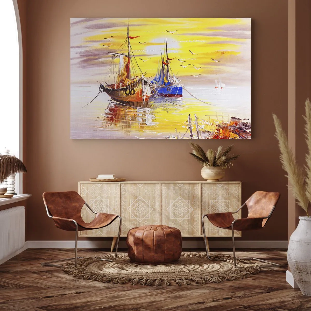 Lærredstryk - Billede på lærred - En malerisk scene af både på et roligt hav - 70x50cm - Et velfortjent hvil i havnen - Moderne vægdekoration til stue og soveværelse ARTTOR