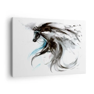Lærredstryk - Billede på lærred - En kvinde og en hest i en mystisk akvarel fuld af dynamik - 70x50cm - Den sorte prins' galop - Moderne vægdekoration til stue og soveværelse ARTTOR