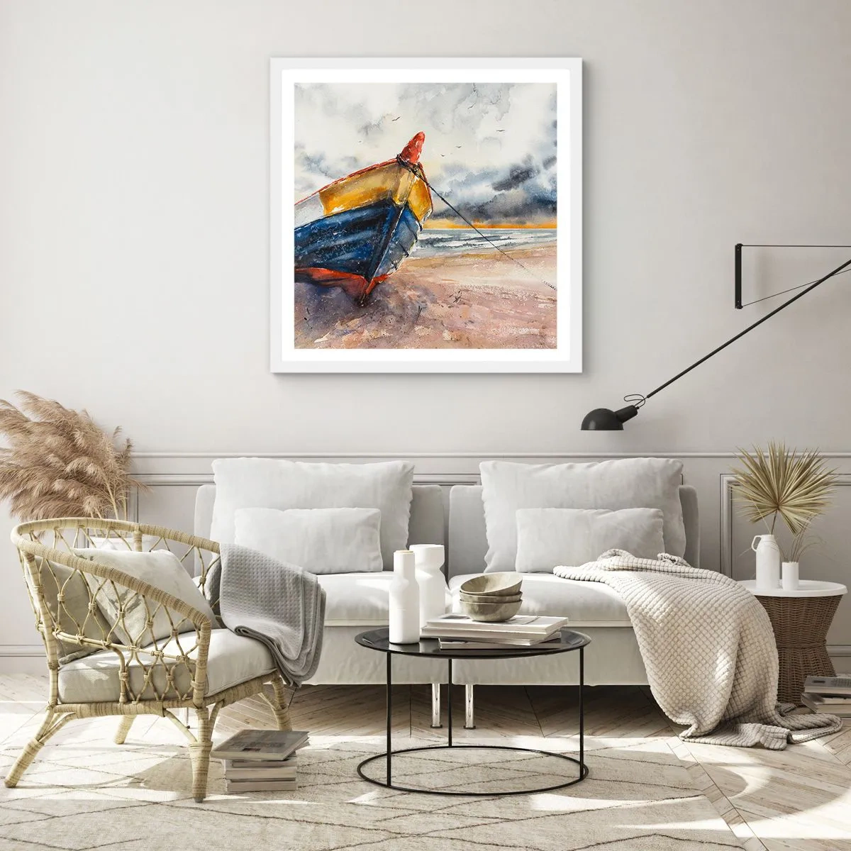 Plakat i hvid ramme - Hvile på stranden - 30x30 cm