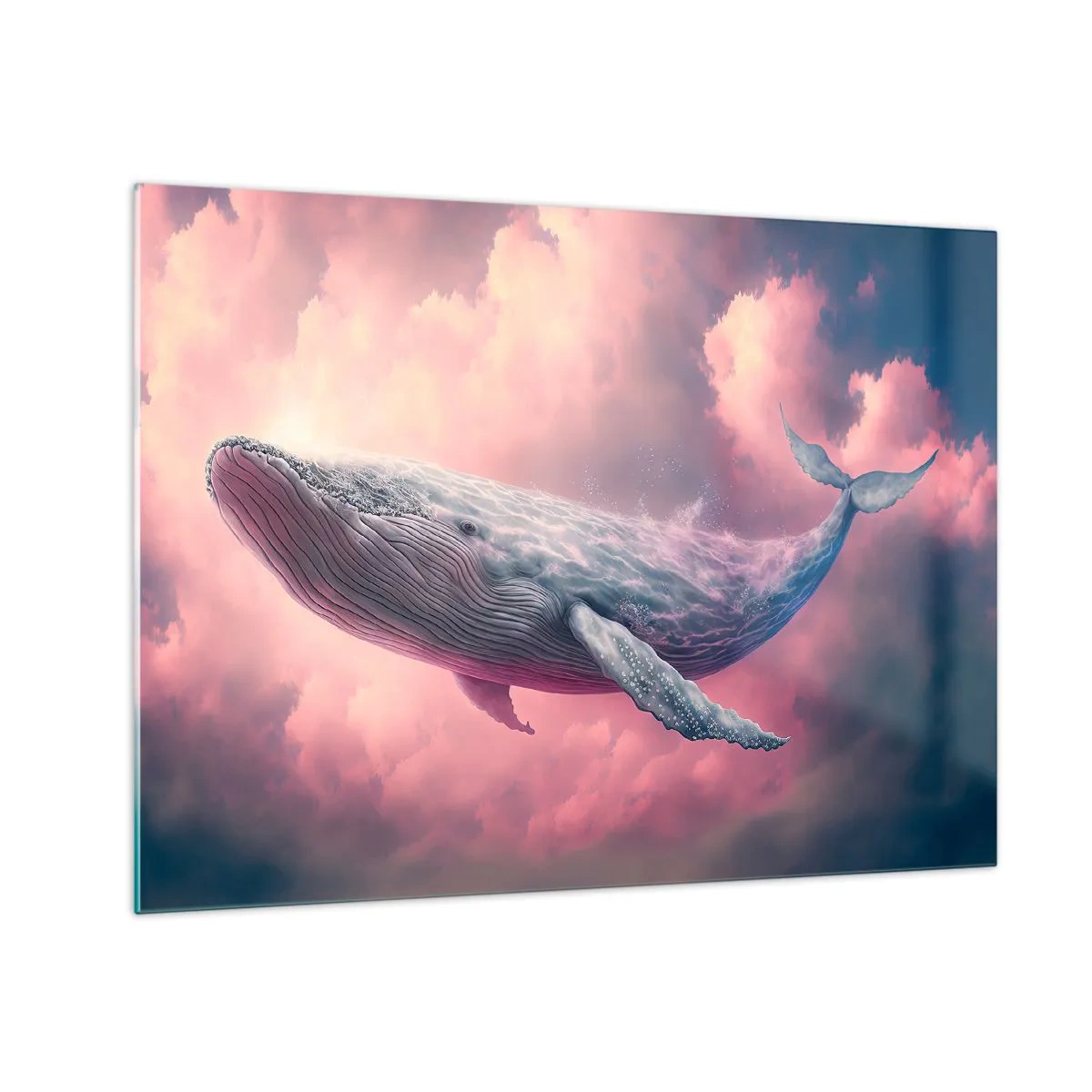 Billede på glas - En hval, der svæver i skyerne med en lyserød glød - 70x50cm - Tør dine øjne - Moderne vægdekoration til stue og soveværelse ARTTOR
