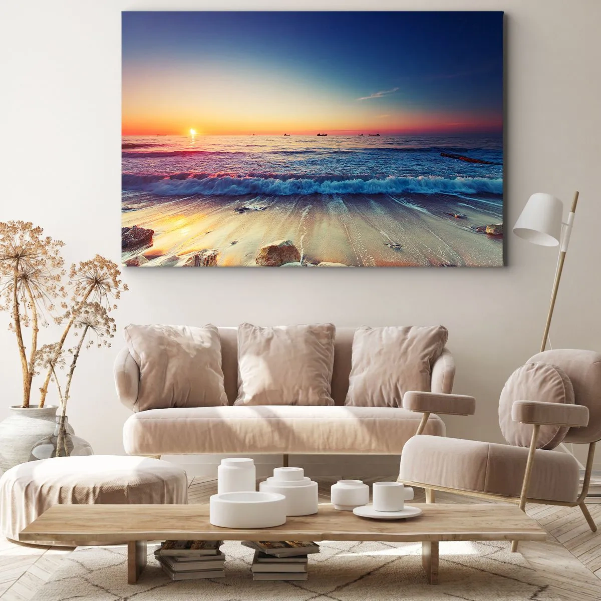Lærredstryk - Billede på lærred - Solnedgang over et roligt hav med bølger - 70x50cm - Og hvad er der bag horisonten? - Moderne vægdekoration til stue og soveværelse ARTTOR