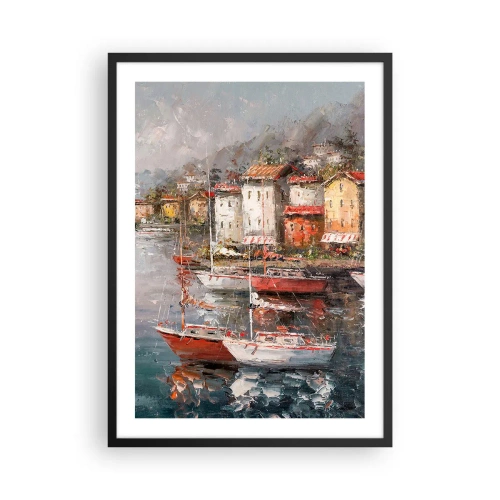 Plakat i sort ramme - En malerisk havn med sejlbåde i impressionistisk stil - 50x70cm - Romantisk paradis - Moderne vægdekoration til stue og soveværelse ARTTOR