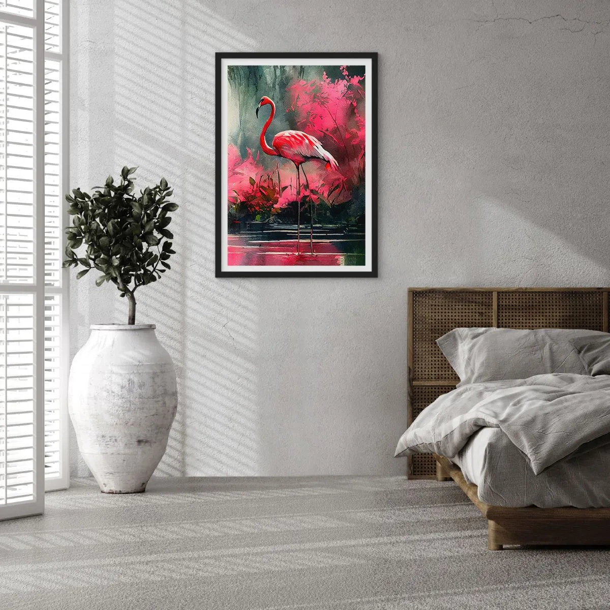 Plakat i sort ramme - En flamingo omgivet af lyserød vegetation ved vandet - 50x70cm - En lektion i naturlig charme - Moderne vægdekoration til stue og soveværelse ARTTOR
