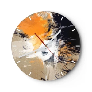 Vægur, Uret - Abstrakt portræt af en kvinde i varme nuancer af orange og beige. - 30x30cm - Og det bliver let - Moderne vægdekoration til stue, køkken og soveværelse ARTTOR