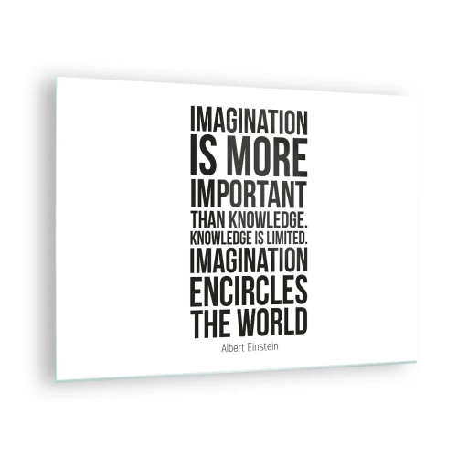 Billede på glas - Et citat om fantasi i minimalistisk typografi - 70x50cm - Einstein om fantasiens kraft - Moderne vægdekoration til stue og soveværelse ARTTOR