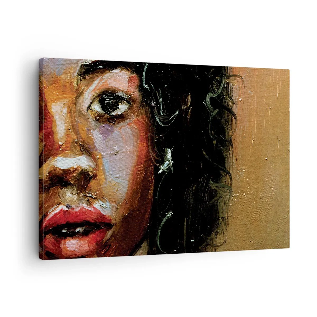 Lærredstryk - Billede på lærred - Et udtryksfuldt portræt af en kvinde i intense farver. - 70x50cm - Sort og glitter - Moderne vægdekoration til stue og soveværelse ARTTOR