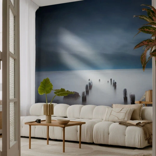 Fototapet Standard Eco - Et tåget landskab med nedsænkede træpæle på vandet - 100x70cm - En betænksom sø - Moderne vægdekoration til stue og soveværelse ARTTOR