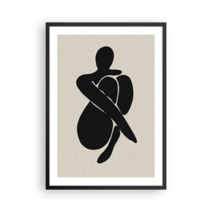 Plakat i sort ramme - Abstrakt figur i en positur med arme viklet om kroppen, sort-hvid illustration - 50x70cm - I din egen favn - Moderne vægdekoration til stue og soveværelse ARTTOR
