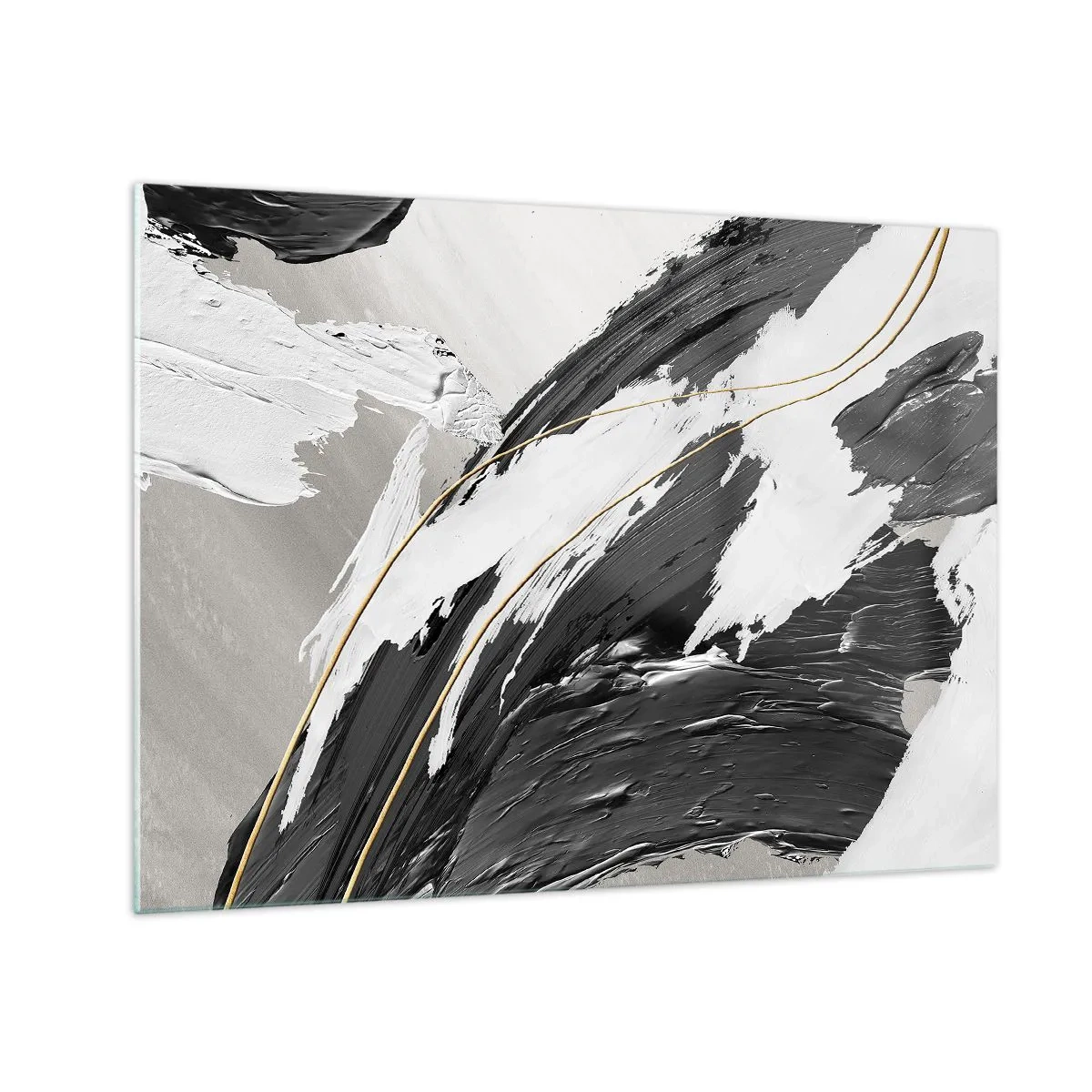 Billede på glas - Dynamiske sort-hvide streger med en guld accent - 70x50cm - Abstraktion med flair - Moderne vægdekoration til stue og soveværelse ARTTOR