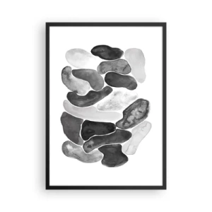 Plakat i sort ramme - Abstrakte former i nuancer af sort, grå og hvid - 50x70cm - Stenet abstraktion - Moderne vægdekoration til stue og soveværelse ARTTOR