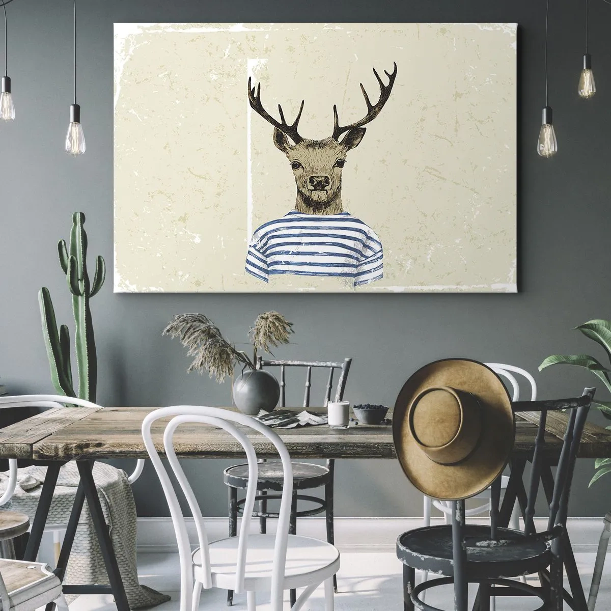 Lærredstryk - Billede på lærred - En hjort i en stribet skjorte på en lys baggrund med en delikat tekstur - 70x50cm - Fordi jeg kan lide stribede skjorter! - Moderne vægdekoration til stue og soveværelse ARTTOR