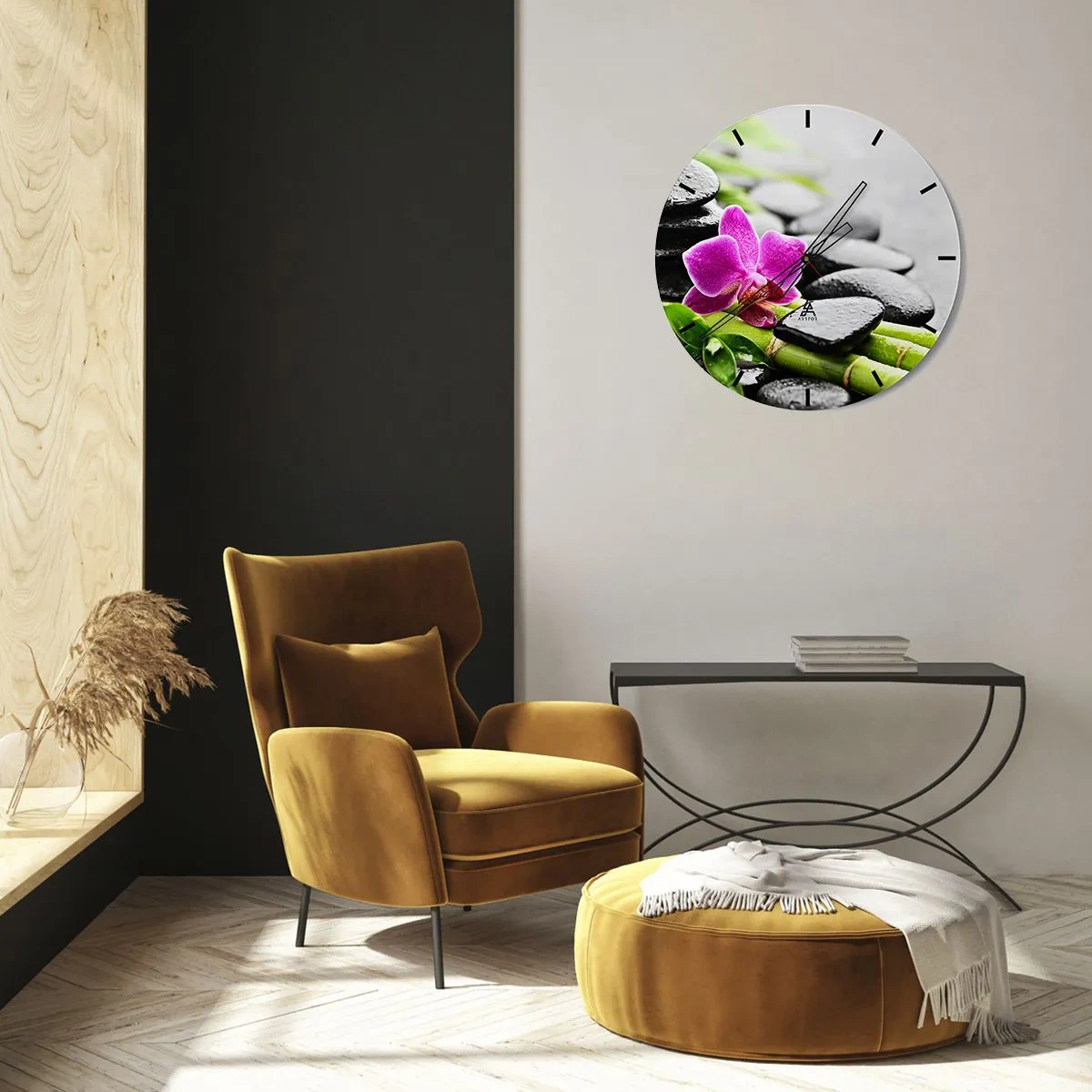 Vægur, Uret - Lilla orkidéblomst på en baggrund af sten og bambus - 30x30cm - I en fredelig balance - Moderne vægdekoration til stue, køkken og soveværelse ARTTOR
