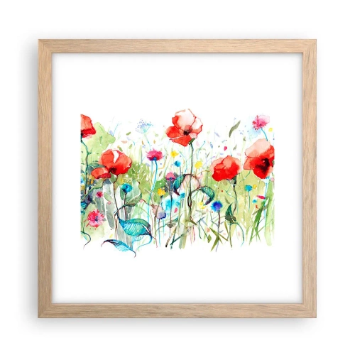 Plakat i ramme af lyst egetræ - En blomstrende eng i maj - 30x30 cm