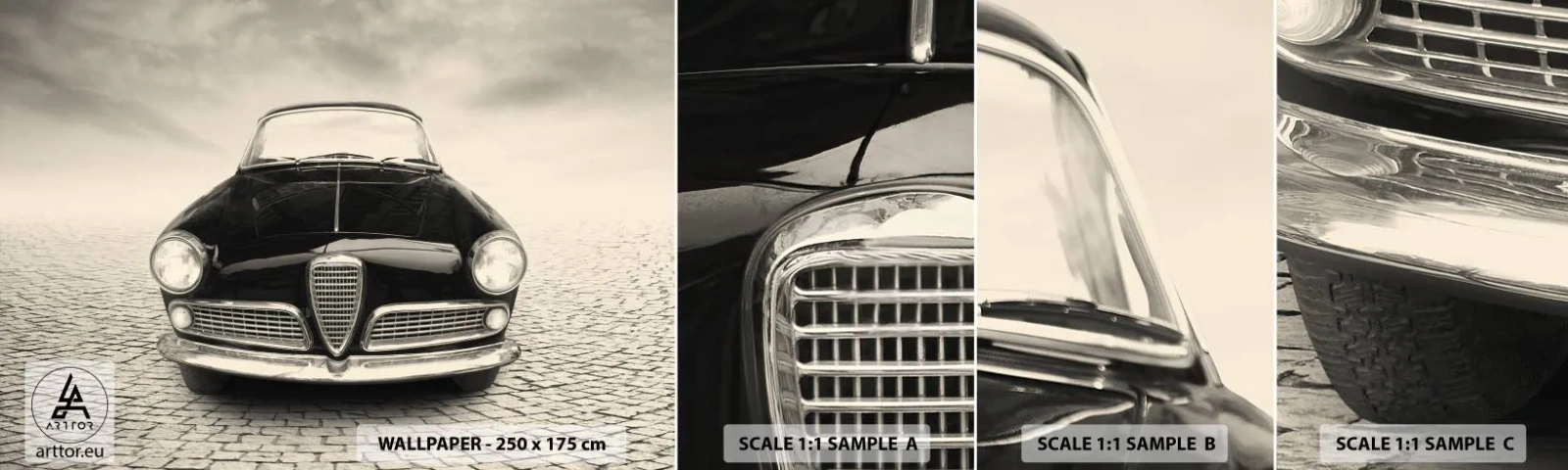 Prøve Fototapet Selvklæbende Deluxe Sticker - Og hvordan kan man ikke elske mig? - Bil, Årgang, Sort og hvid - 100x30 cm