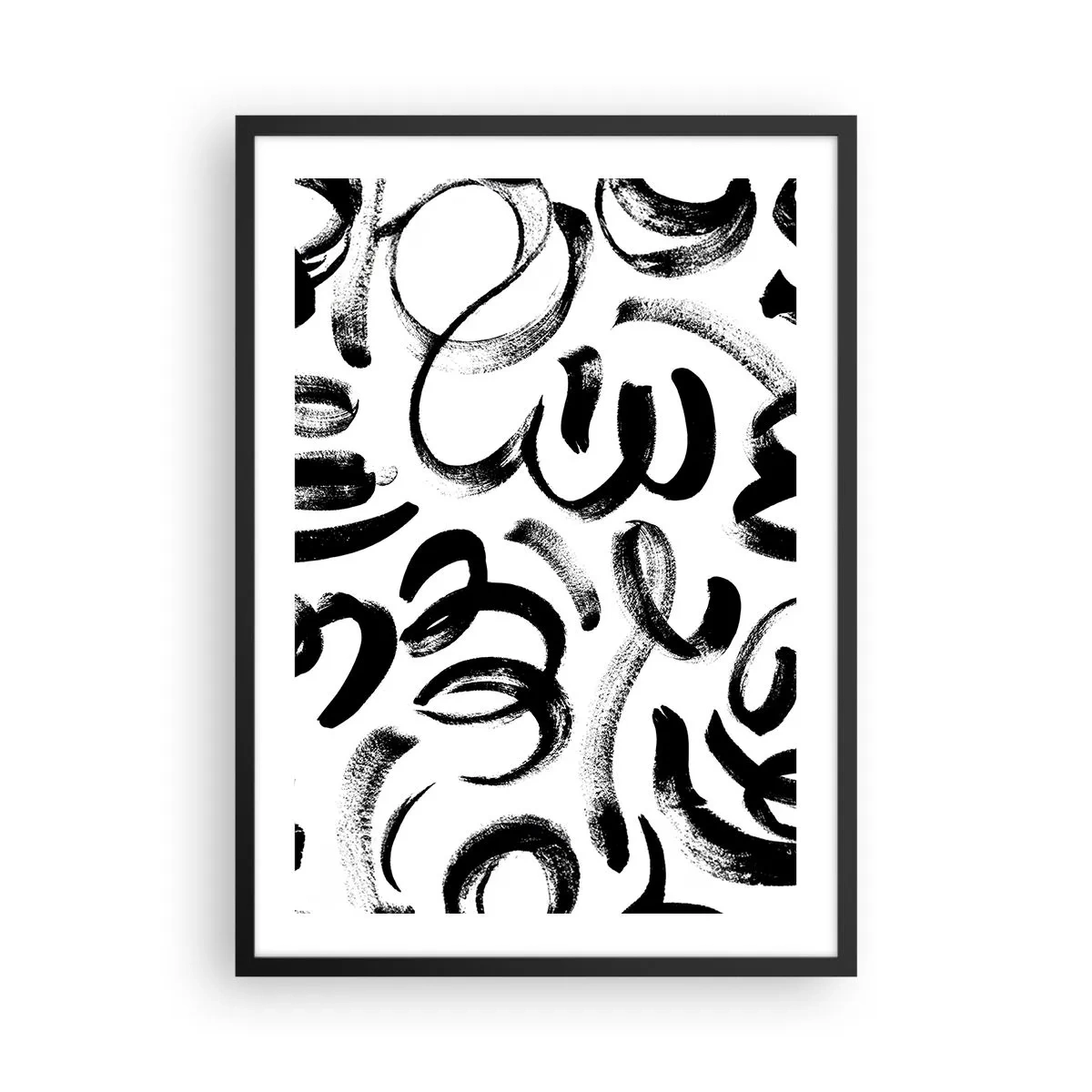 Plakat i sort ramme - Abstrakte sorte penselstrøg på en hvid baggrund - 50x70cm - I sort og hvidt - Moderne vægdekoration til stue og soveværelse ARTTOR