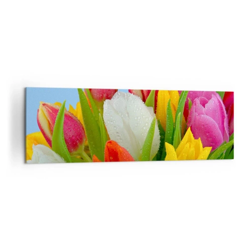 Lærredstryk - Billede på lærred - En blomstret regnbue i dugdråber - 160x50 cm