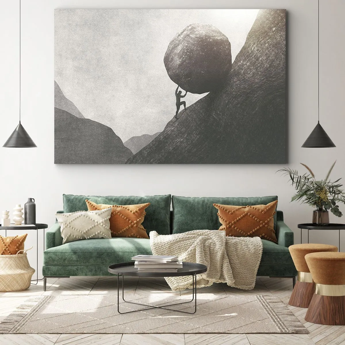 Lærredstryk - Billede på lærred - En mand klatrer op ad en stor klippeblok - 70x50cm - Jeg tror mod al forventning - Moderne vægdekoration til stue og soveværelse ARTTOR