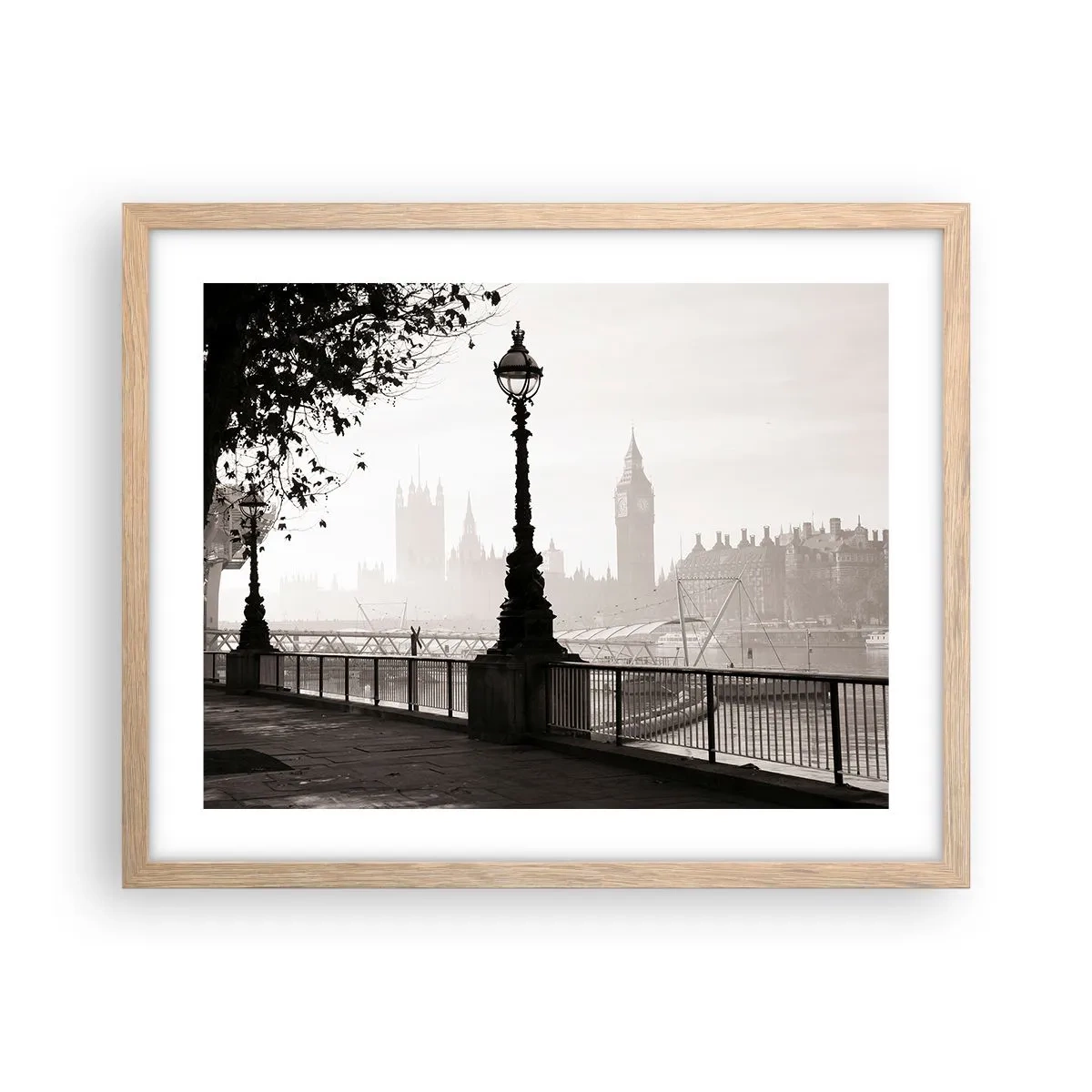 Plakat i ramme af lyst egetræ - London morgen - 50x40 cm