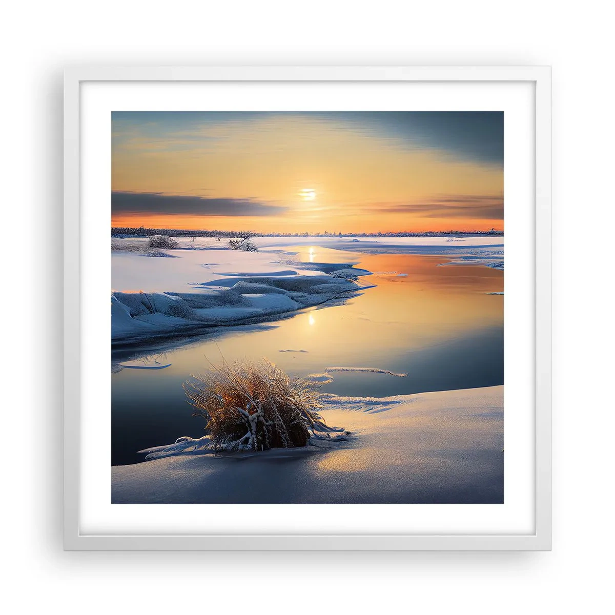 Plakat i hvid ramme - Vintersolnedgang - 50x50 cm