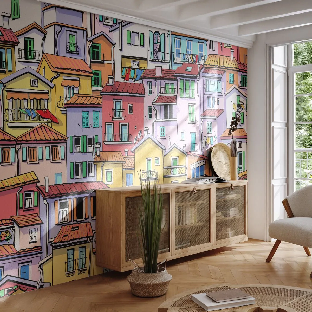 Fototapet Selvklæbende Deluxe Sticker - Glædelig by - By, Lejehuse, Huse - 250x175 cm