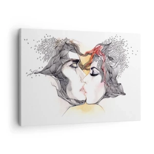 Lærredstryk - Billede på lærred - Kunstnerisk portræt af et par med abstrakte hårmotiver - 70x50cm - Verden eksisterer ikke - Moderne vægdekoration til stue og soveværelse ARTTOR