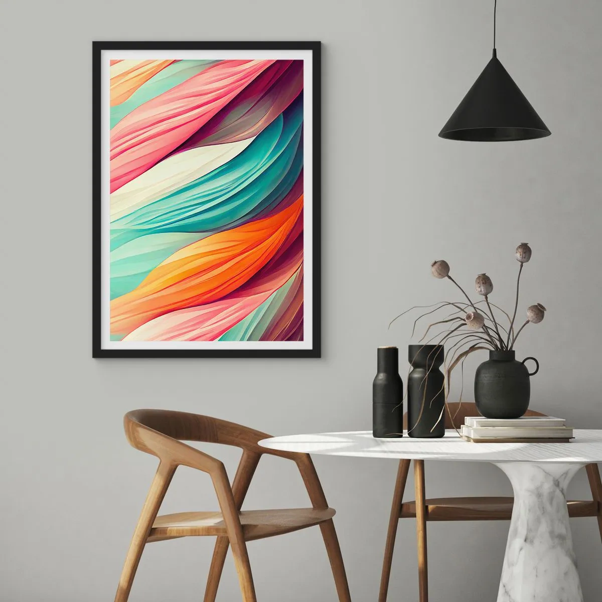 Plakat i sort ramme - En abstrakt komposition af bølgede linjer i intense farver. - 50x70cm - Regnbuevævning - Moderne vægdekoration til stue og soveværelse ARTTOR